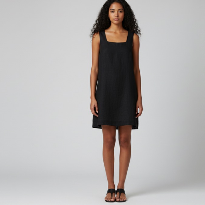 Mate The Label Organic Flax Linen Square Neck Sleeveless Mini Dress Black S